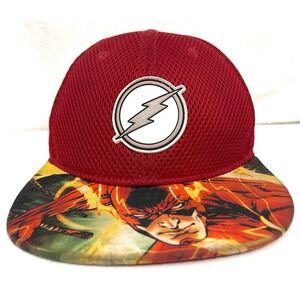 DC THE FLASH SUPER HERO ADULT BASEBALL HAT FLAT BRIM RED SNAPBACK PRE-OWNED